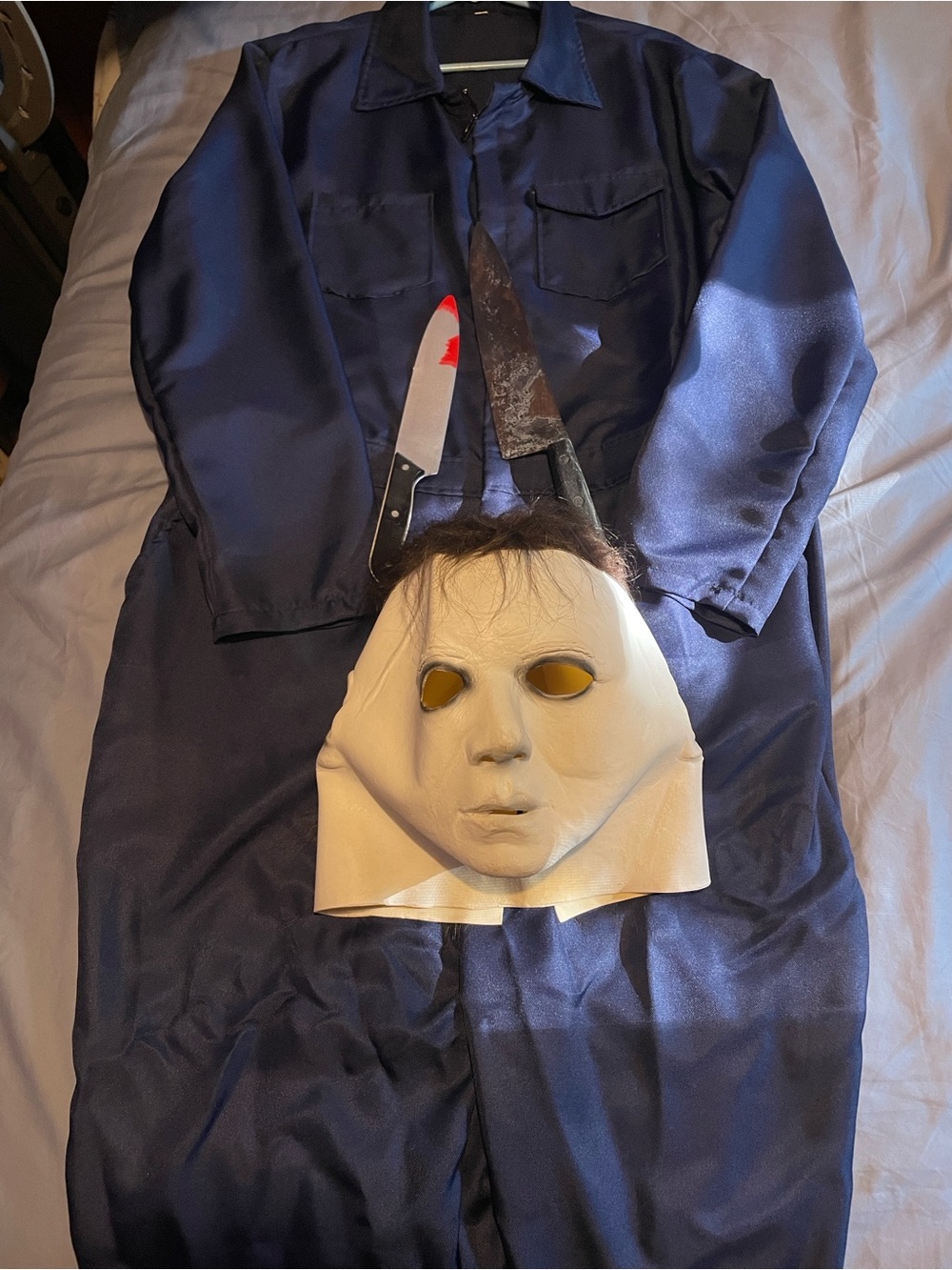 Unbranded Navy Blue Adult Halloween Jumpsuit with Classic Michael Myers Mask